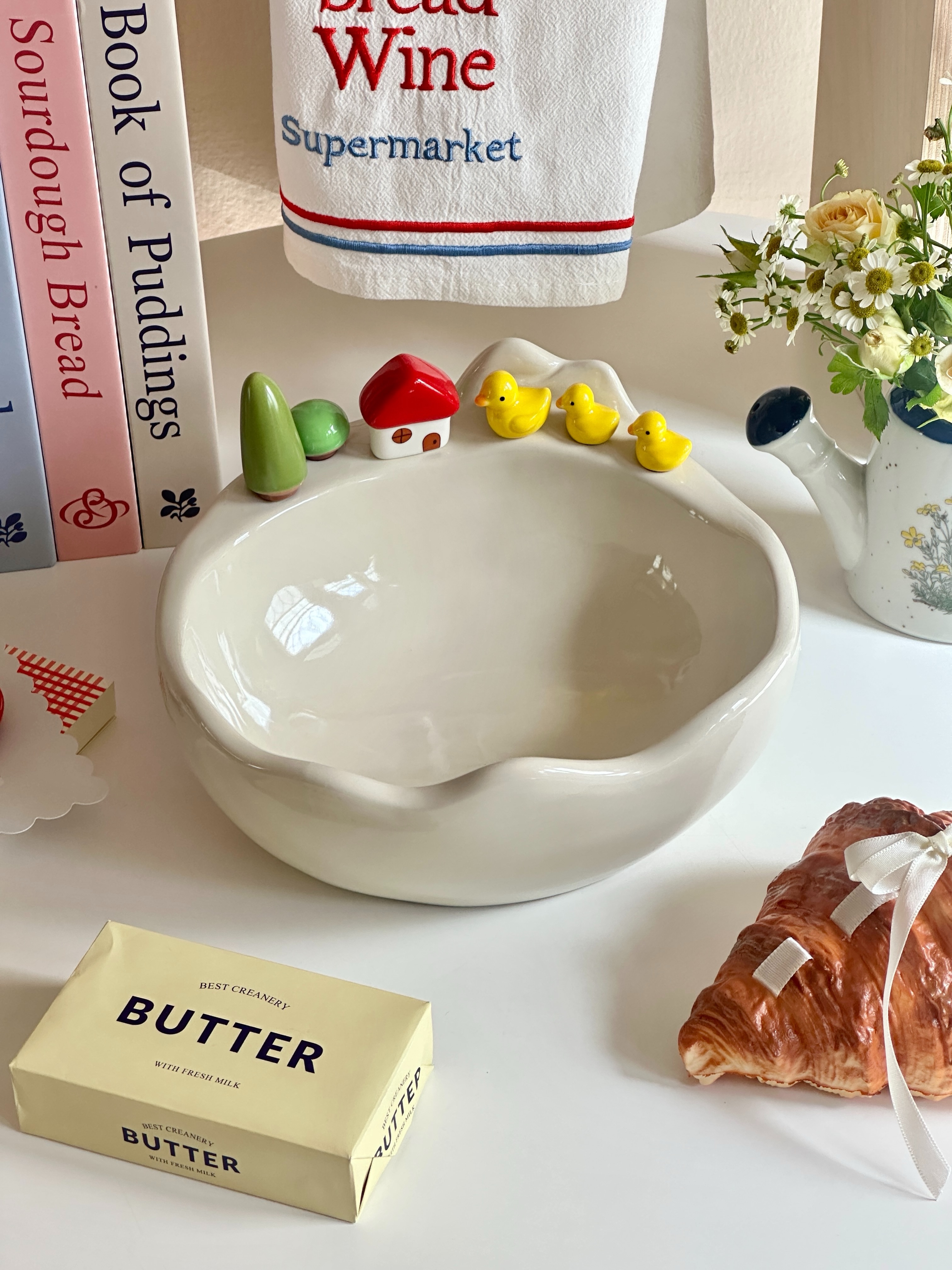🌳𝚂𝚘𝚕𝚍🌳 Little Village Fruit Bowl 〰️ ชามเซรามิกพร้อมส้อมจิ้มผลไม้ดีไซน์น่ารัก ที่ใช้เป็นของตกแต่งขอบชามได้ในตัว มีทั้งหมด 6 ชิ้น (ต้นไม้…